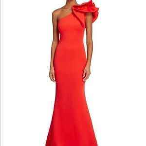 One shoulder long red ruffle evening gown